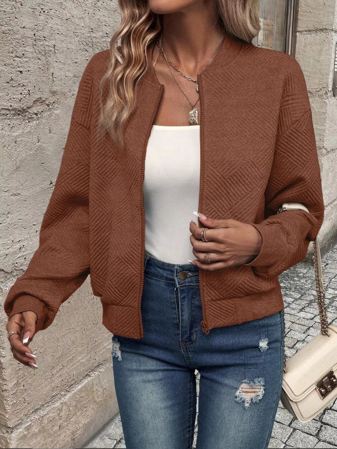 Trendsi Textured Knit Zip-Up Jacket -
