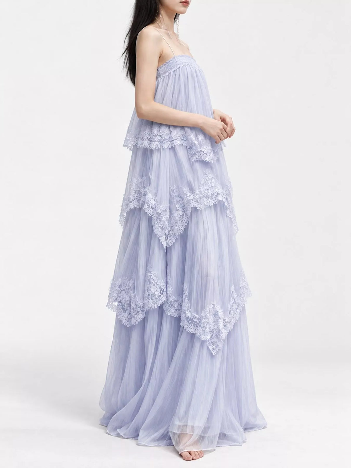 spaghetti-strap maxi dress, side view