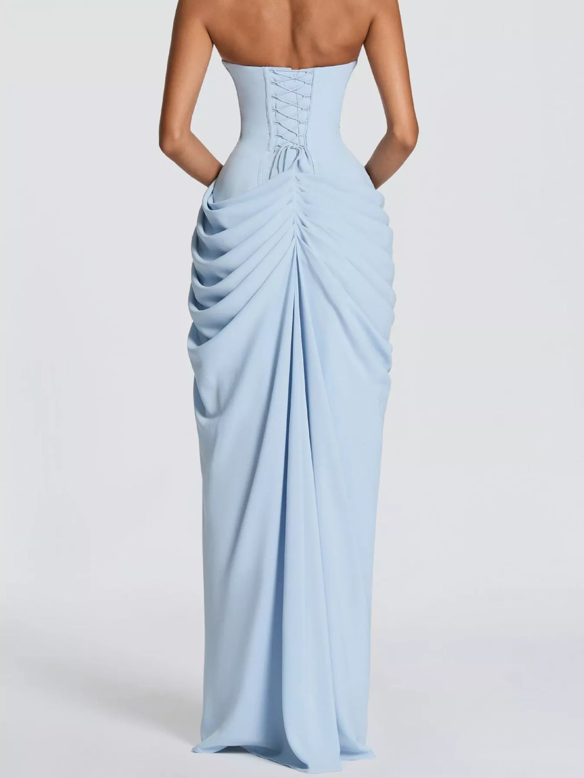 strapless maxi dress, back view