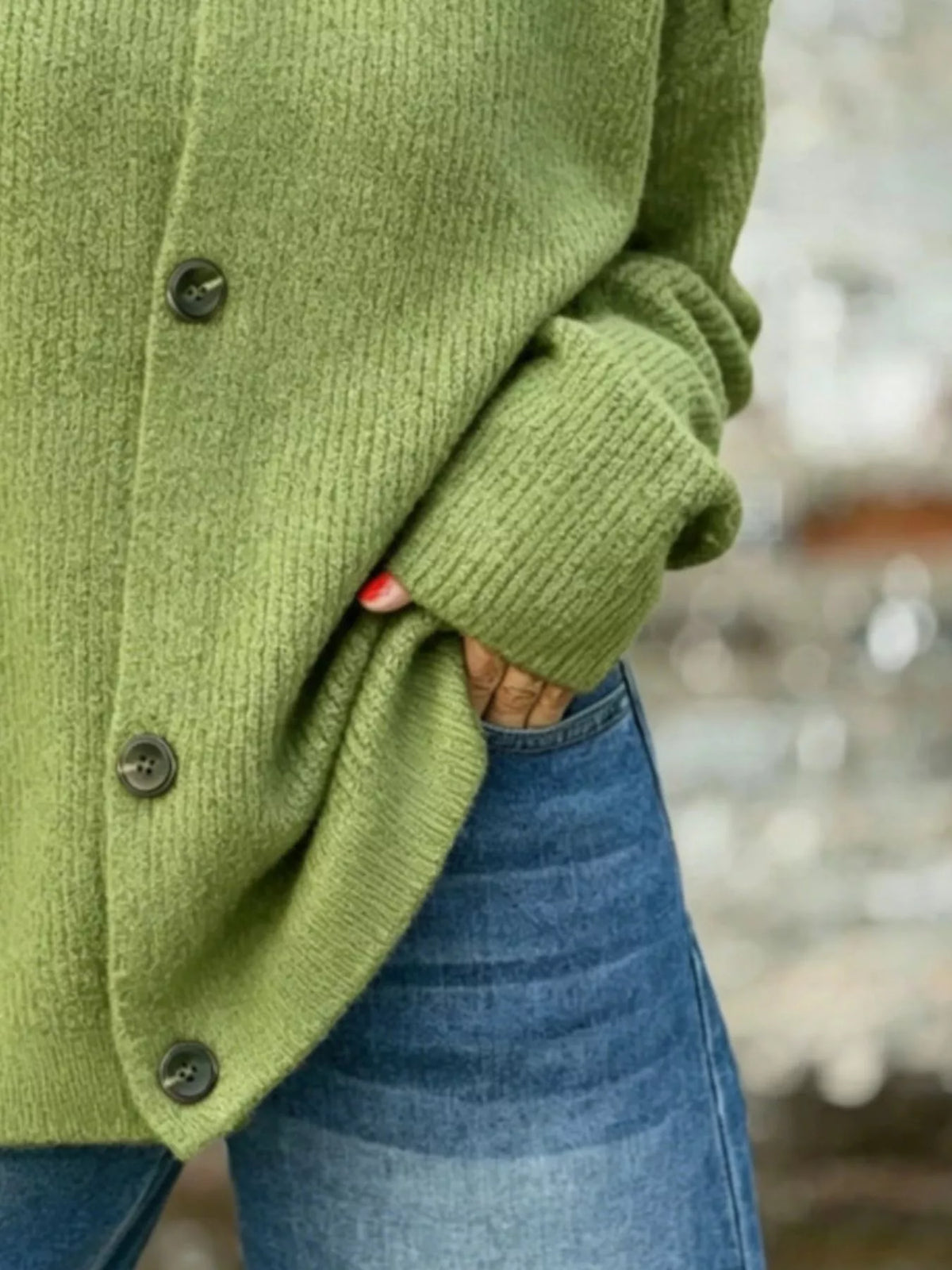 Mock neck long sleeve cardigan, construction and design details