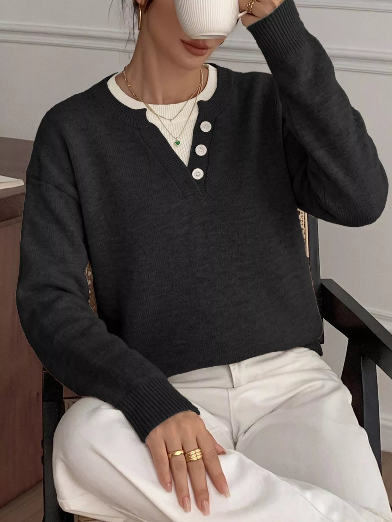 Trendsi Decor Button-Placket Ribbed Knit Sweater -