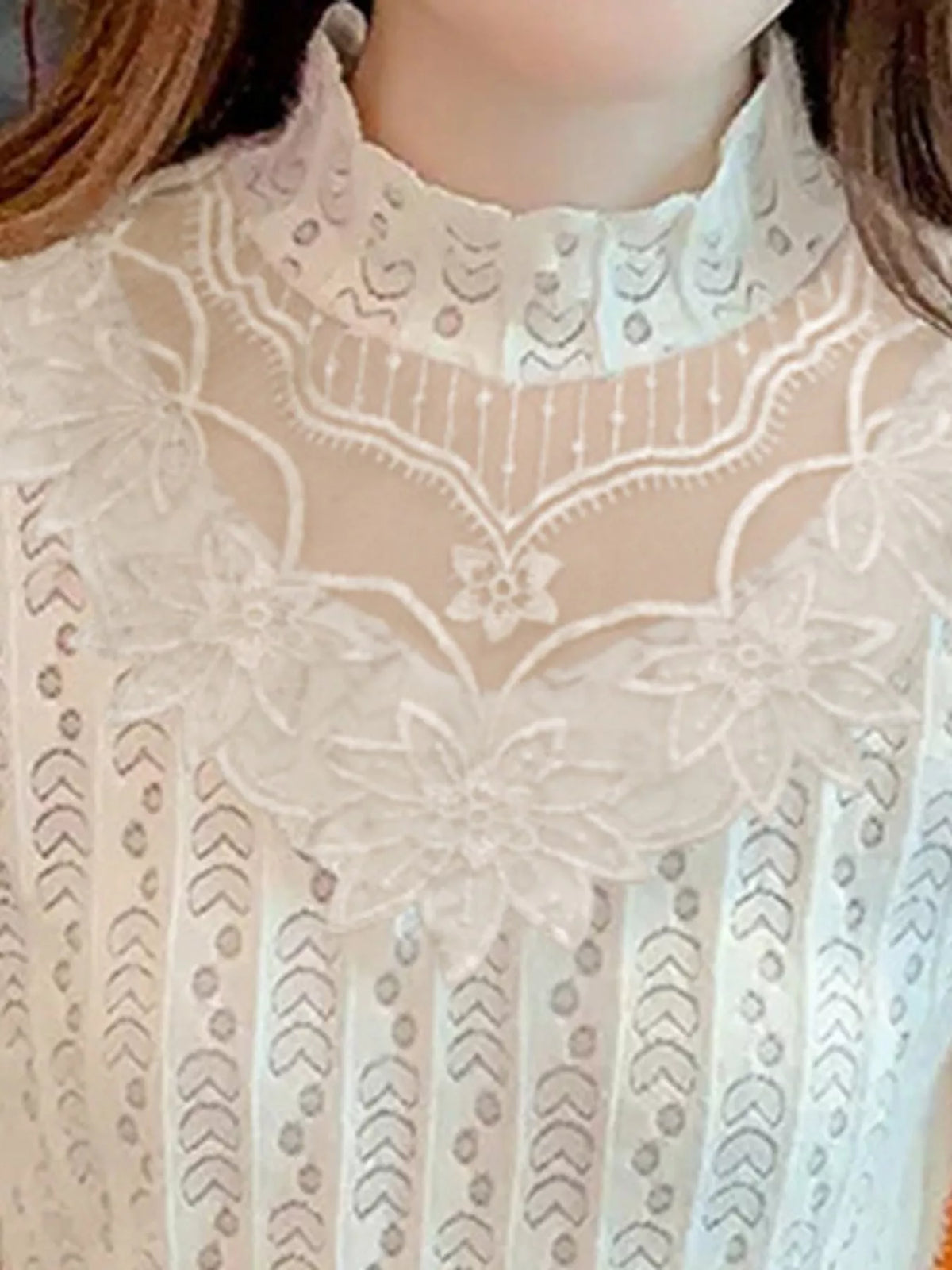Apricot-Double Layer Lined Opaque mock neck sheer floral lace blouse, detail view