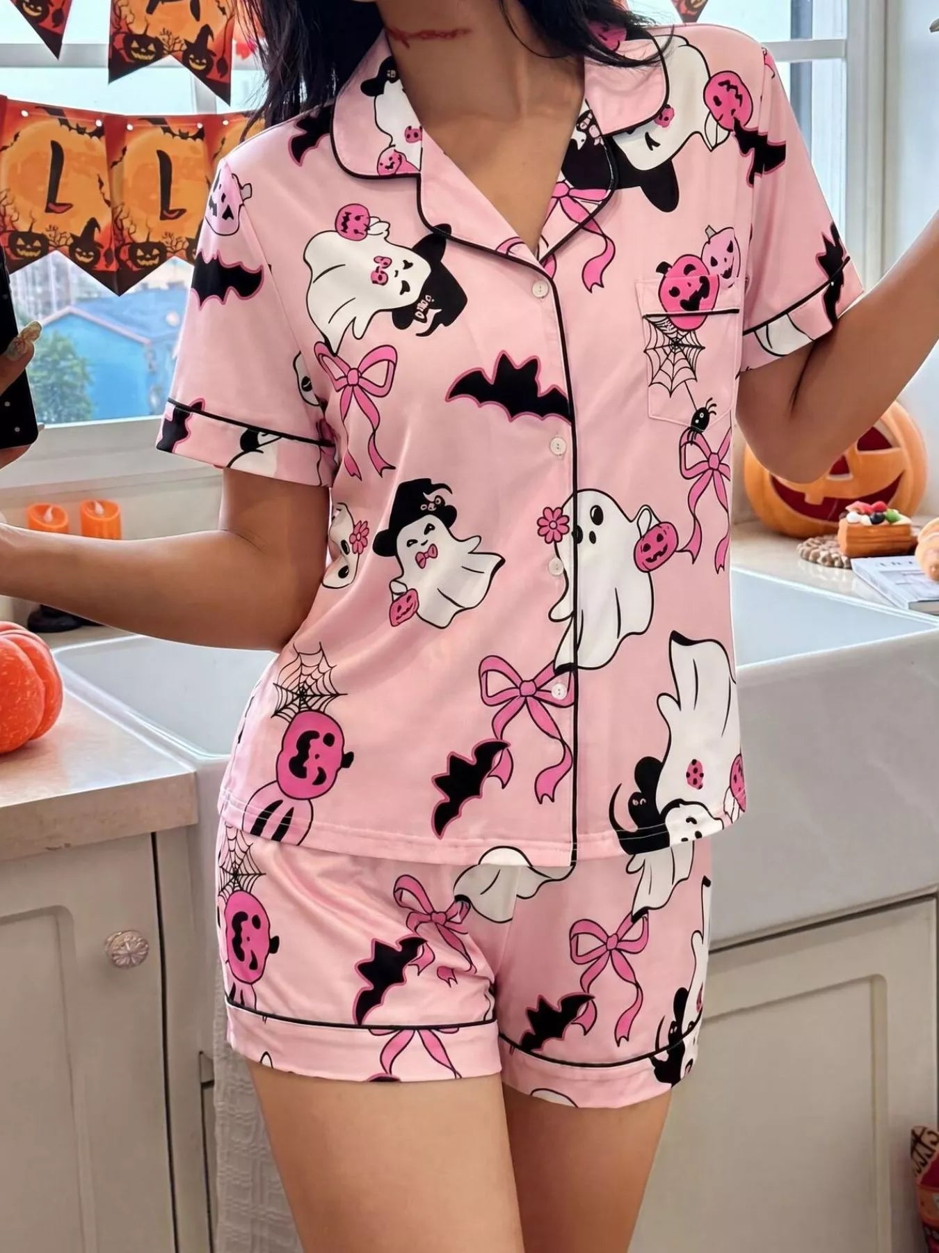 Trendsi Halloween Ghost Print Button-Down Top and Shorts Lounge Set -