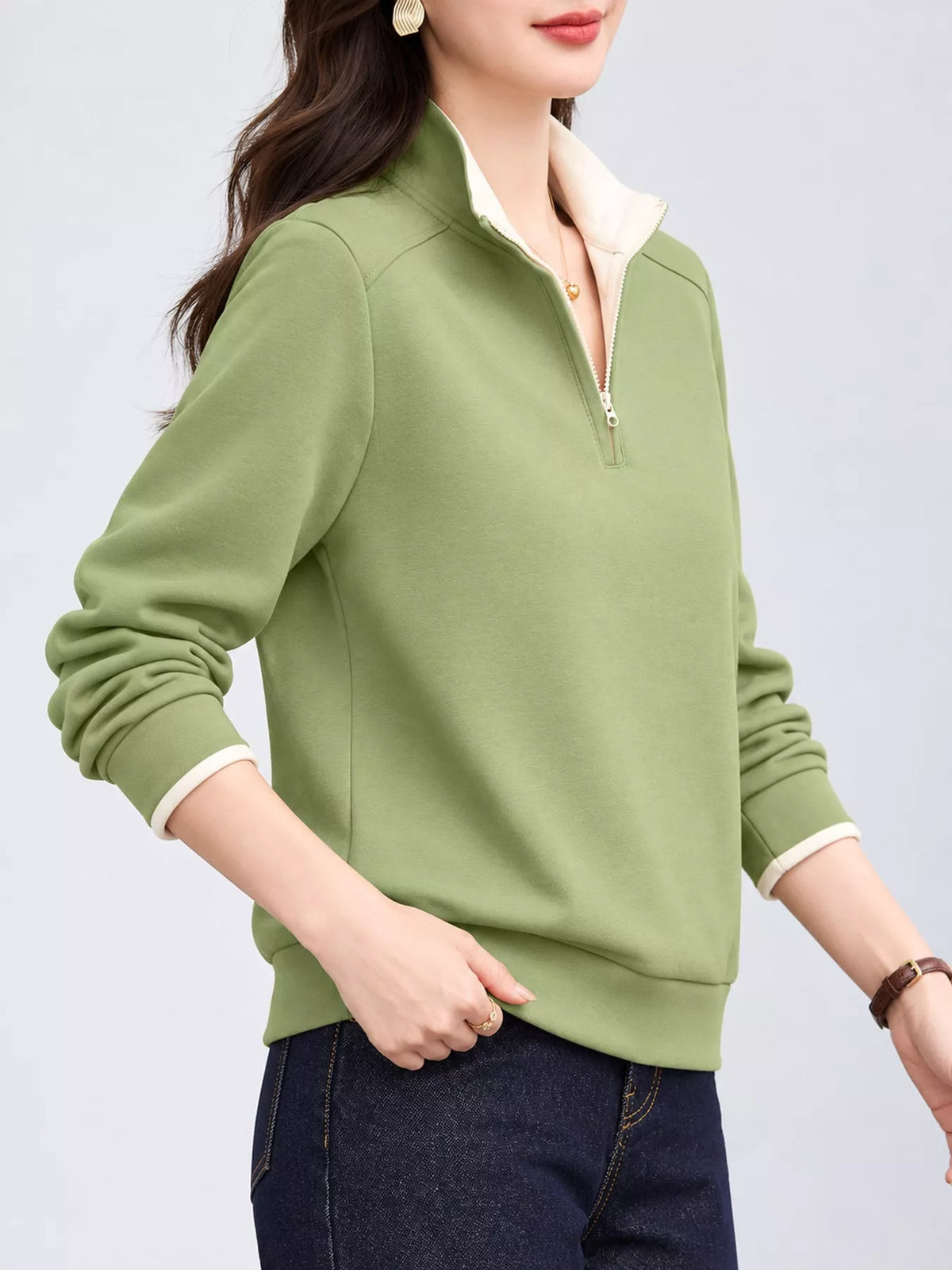 Quarter-Zip Sweatshirt with Contrast Collar in green