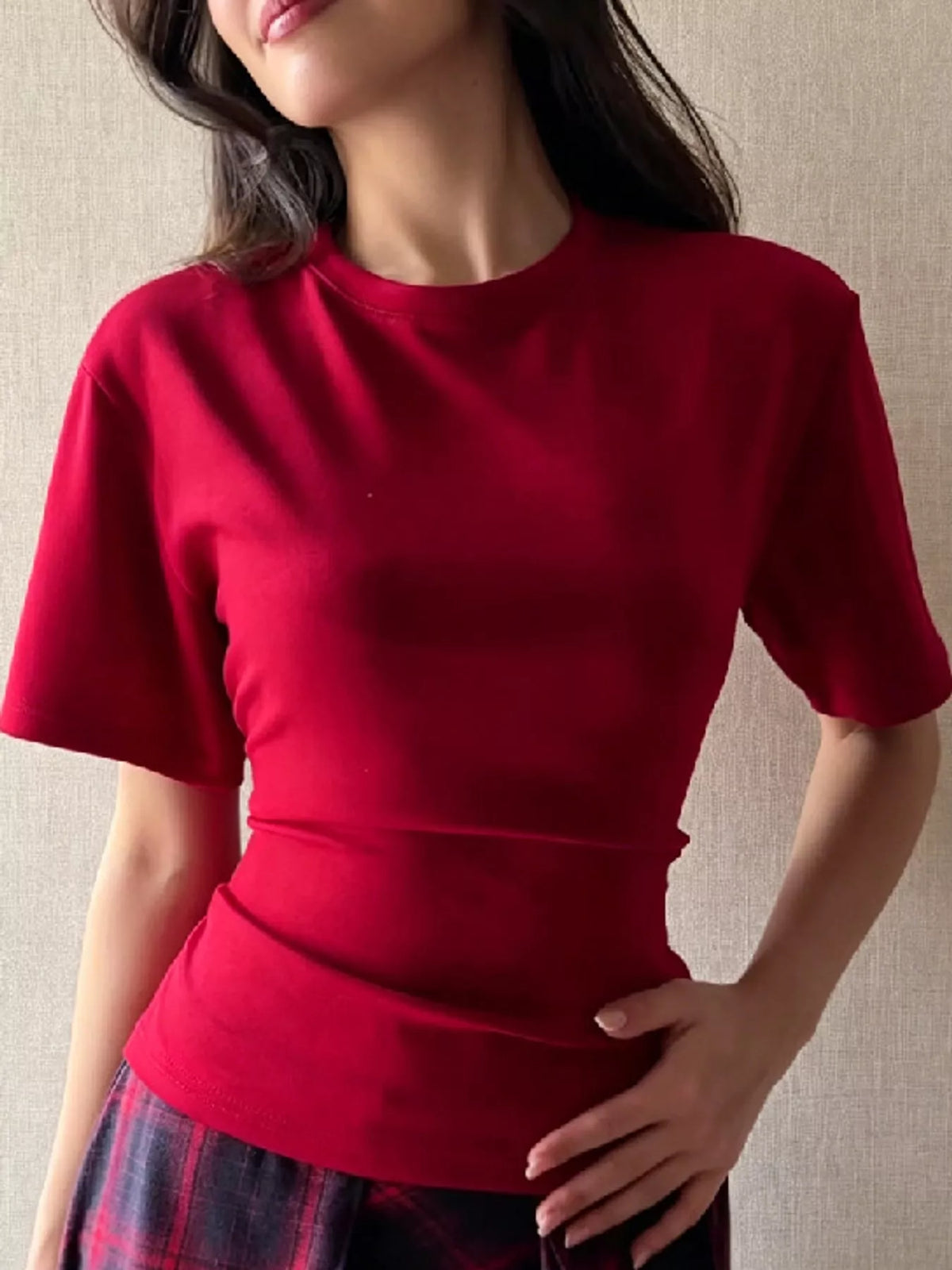 Red tie back round neck short sleeve t shirt, front view