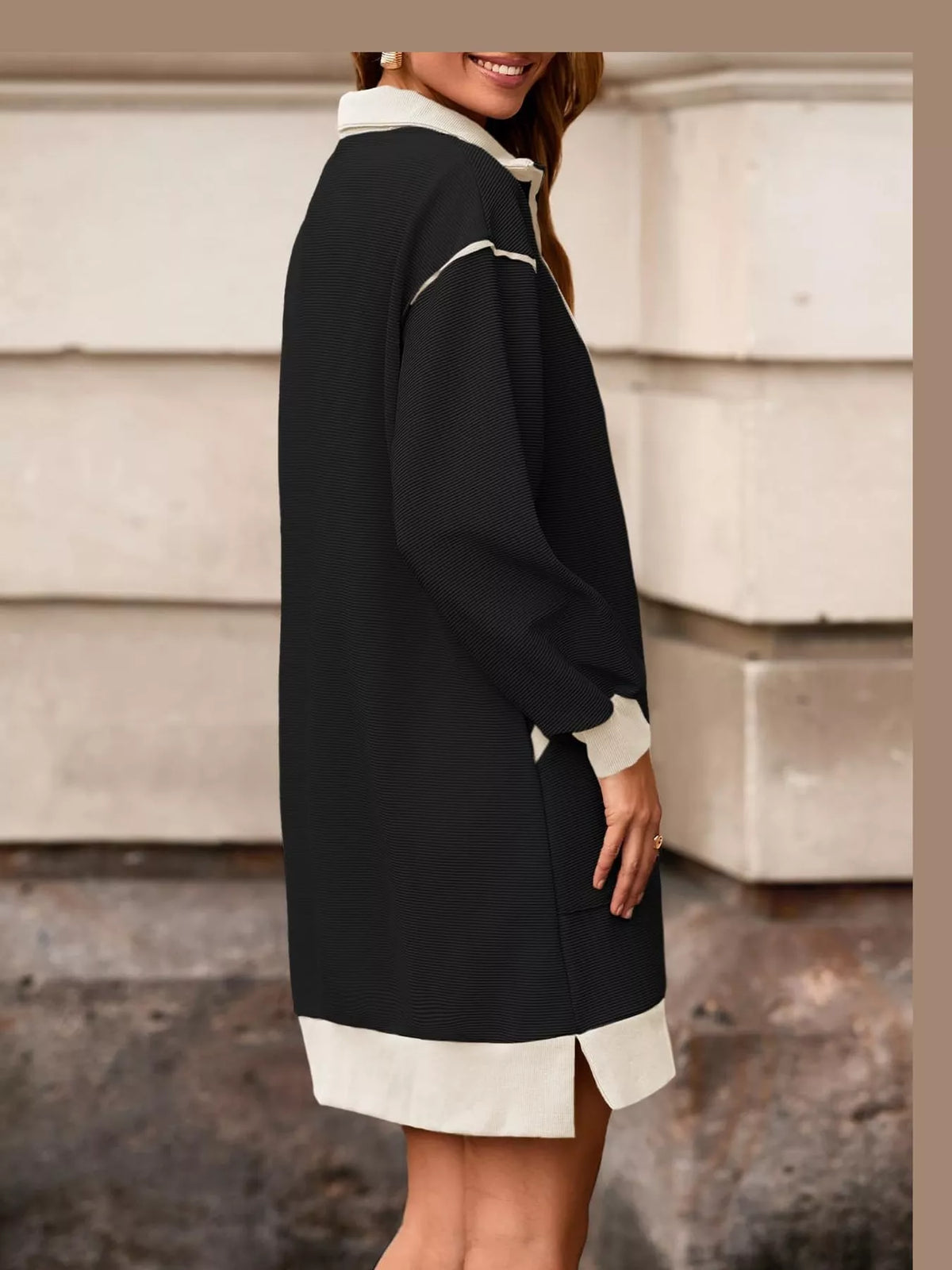 Black color block quarter-zip sweatshirt dress — back view