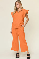 Trendsi Double Take Texture Ruffle Short Sleeve Top and Drawstring Wide Leg Pants Set -