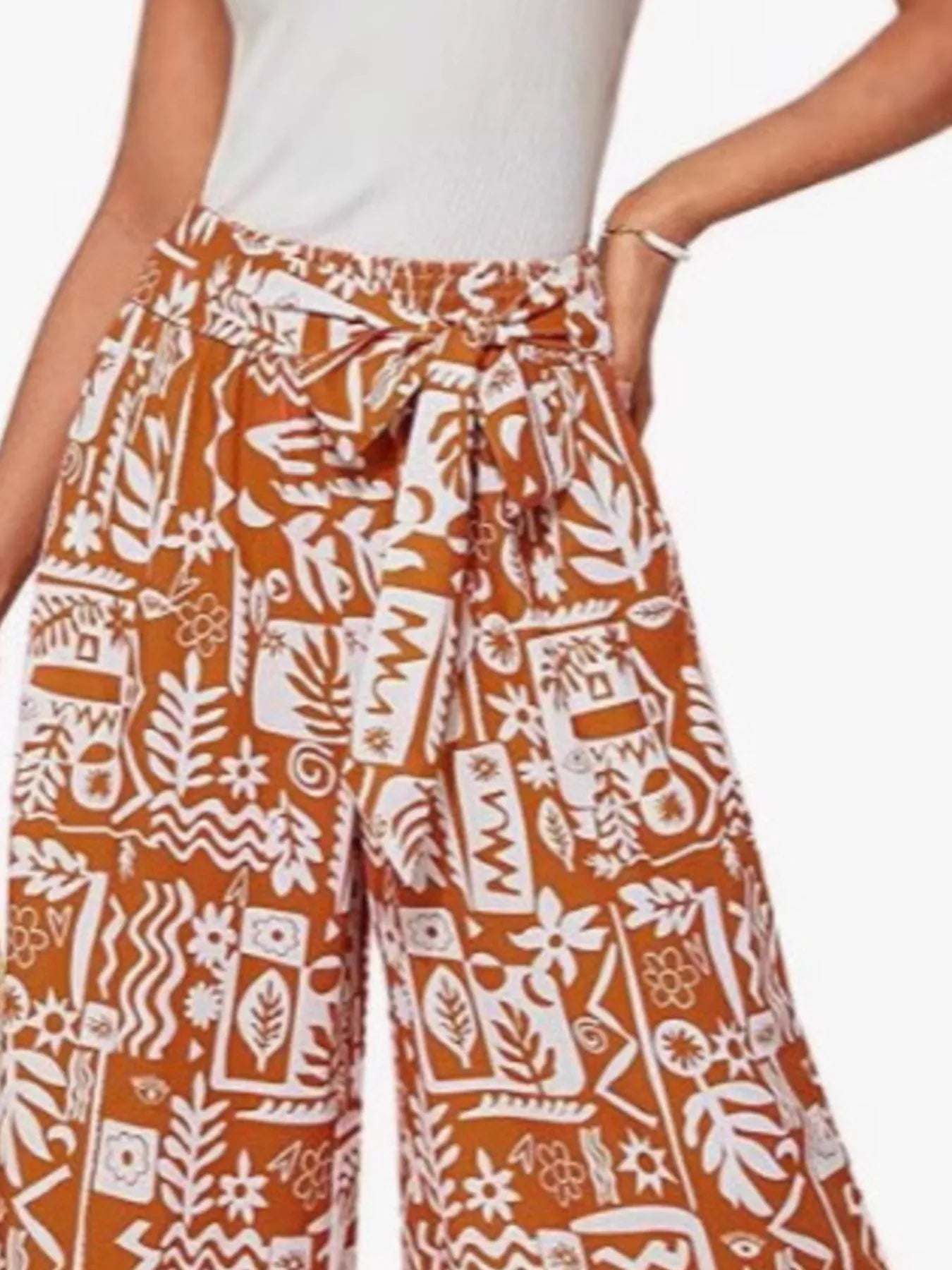 Trendsi Full Size Tie Waist Wide-Leg Printed Pants Plus Size -
