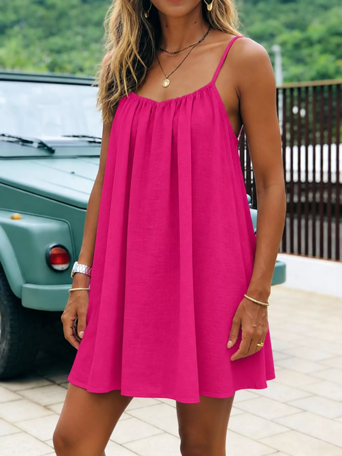 Hot pink spaghetti strap A-line mini dress with open tie back