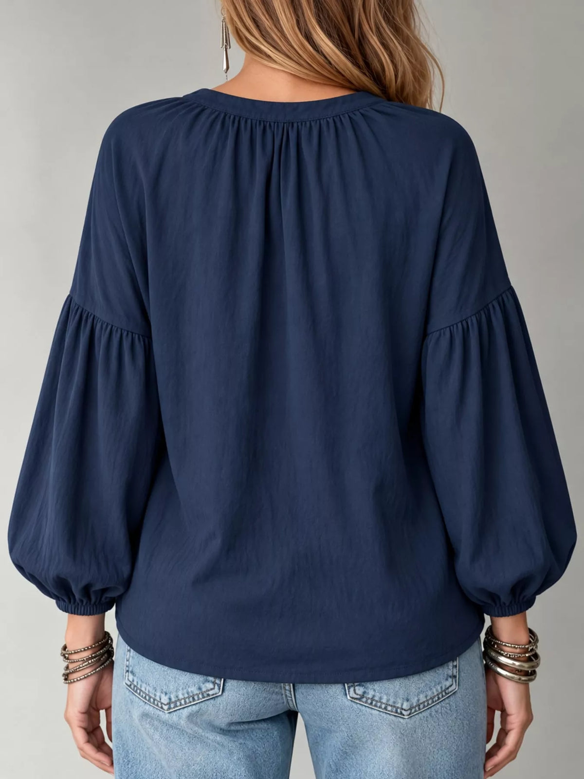 Notched Balloon Sleeve Blouse in navy, back view