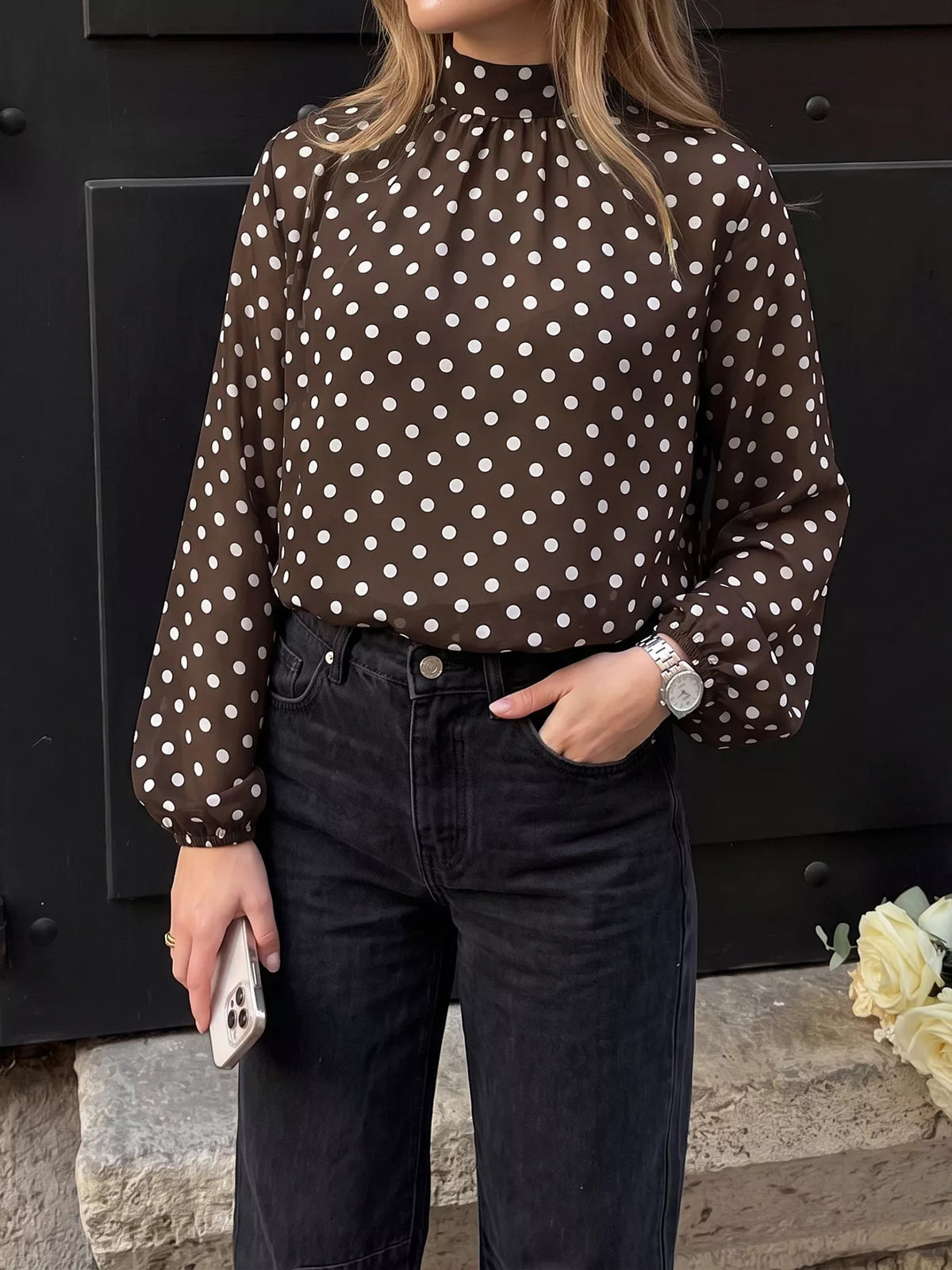 Trendsi Polka Dot Mock Neck Long Sleeve Blouse -
