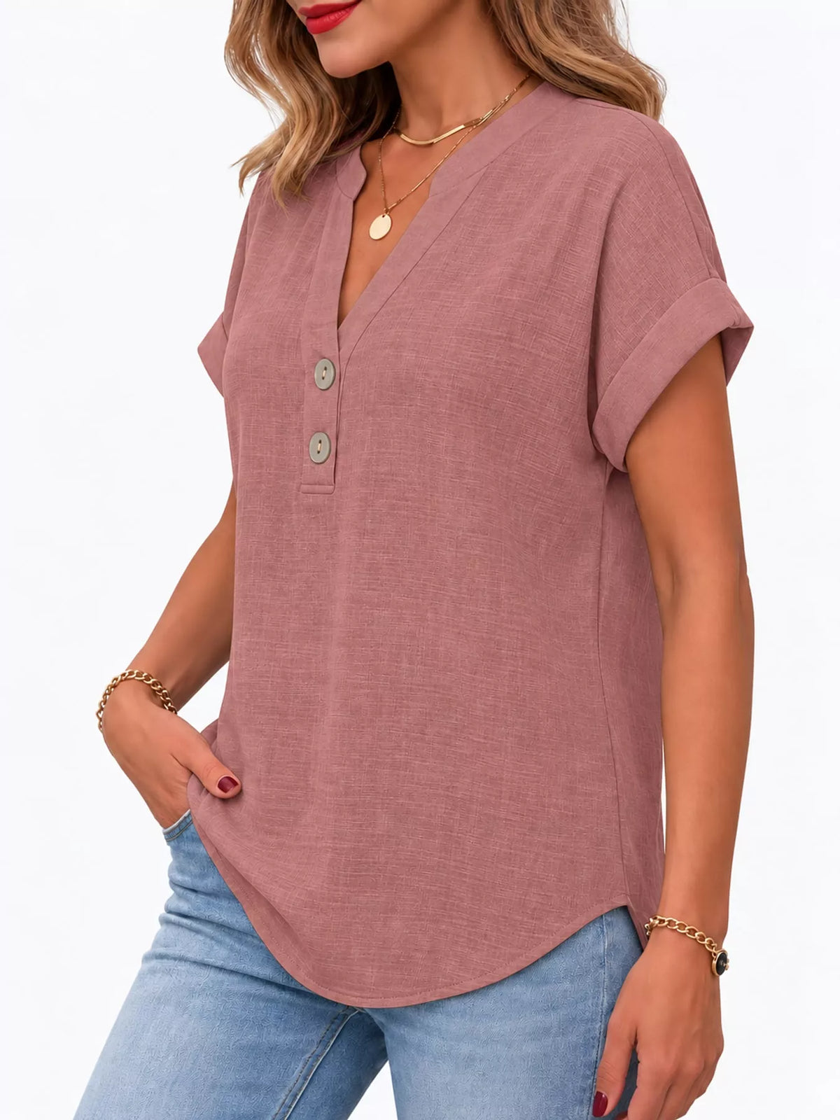 Dusty pink button detail short sleeve blouse, side view