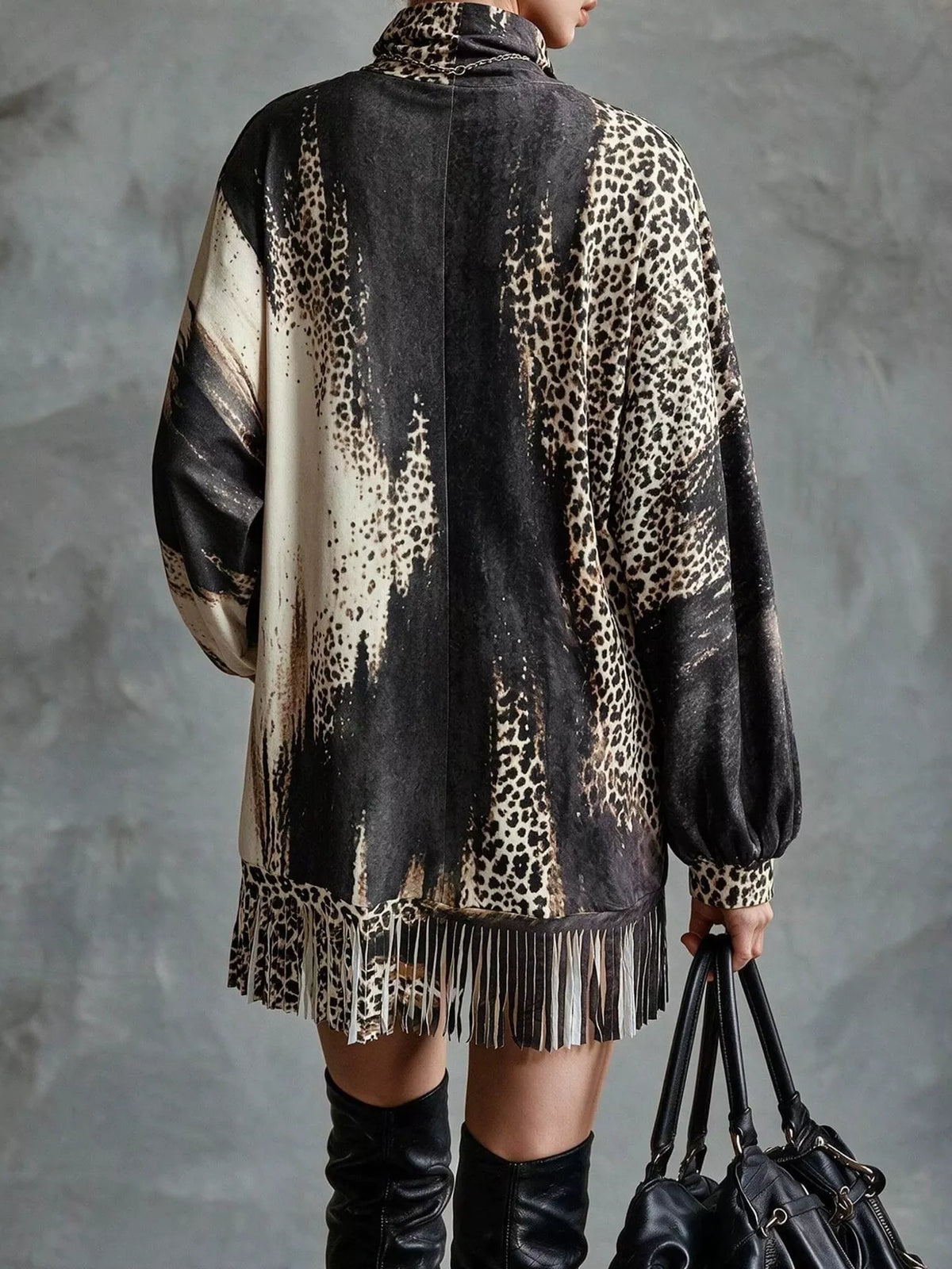 Leopard fringe dress, gray back