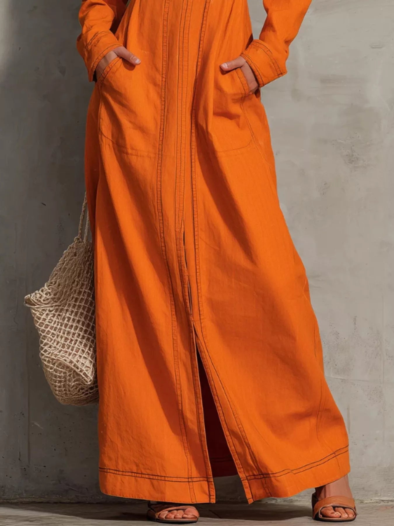 Trendsi Slit Square Neck Long-Sleeve Maxi Dress -