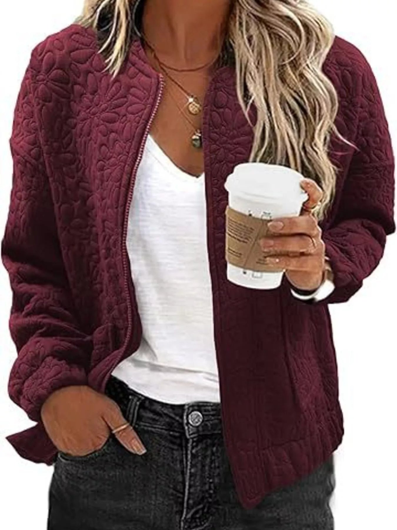 Trendsi Floral Quilted Zip Up Jacket -