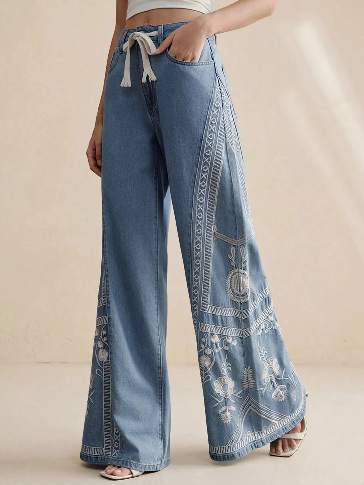 Trendsi Embroidered Wide-Leg Drawstring Jeans -