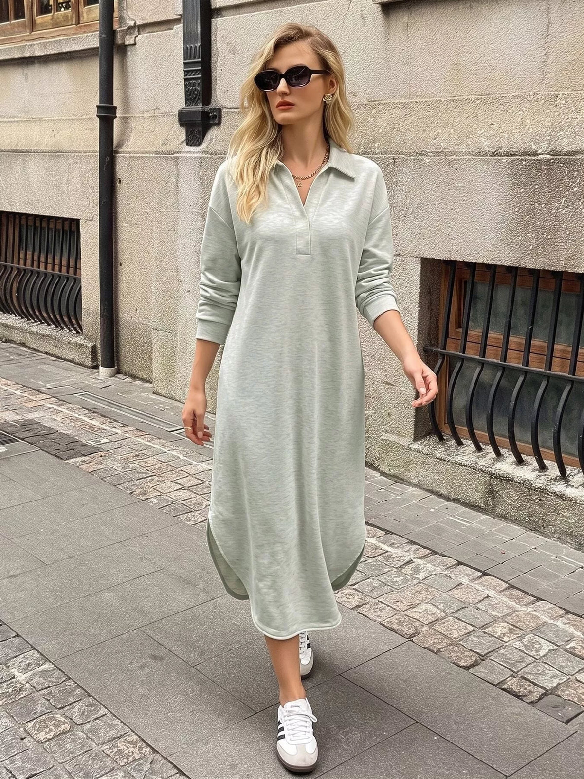 Light gray polo-collar midi dress, front view