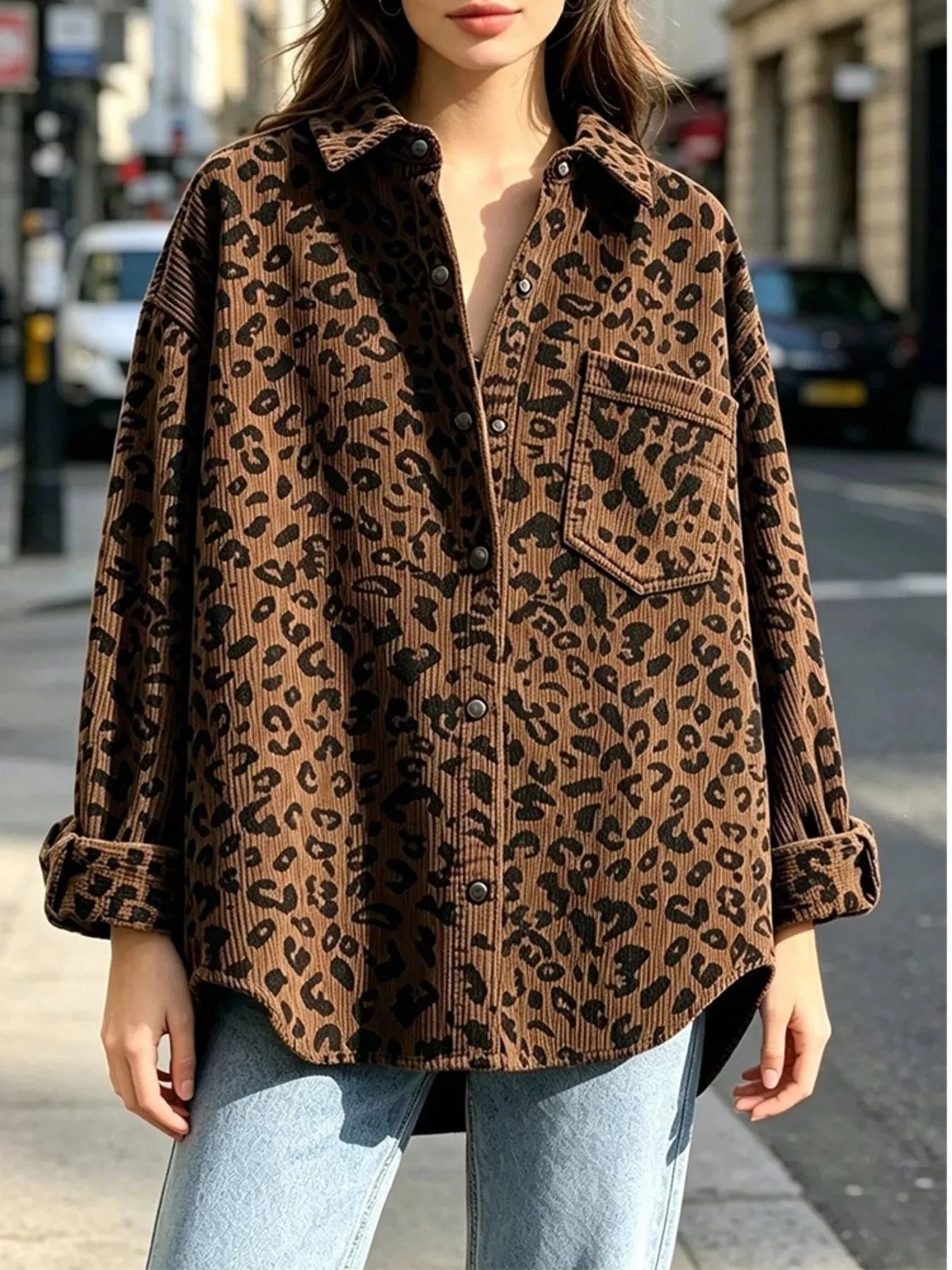 Trendsi Oversized Leopard Corduroy Button-Down Shirt -