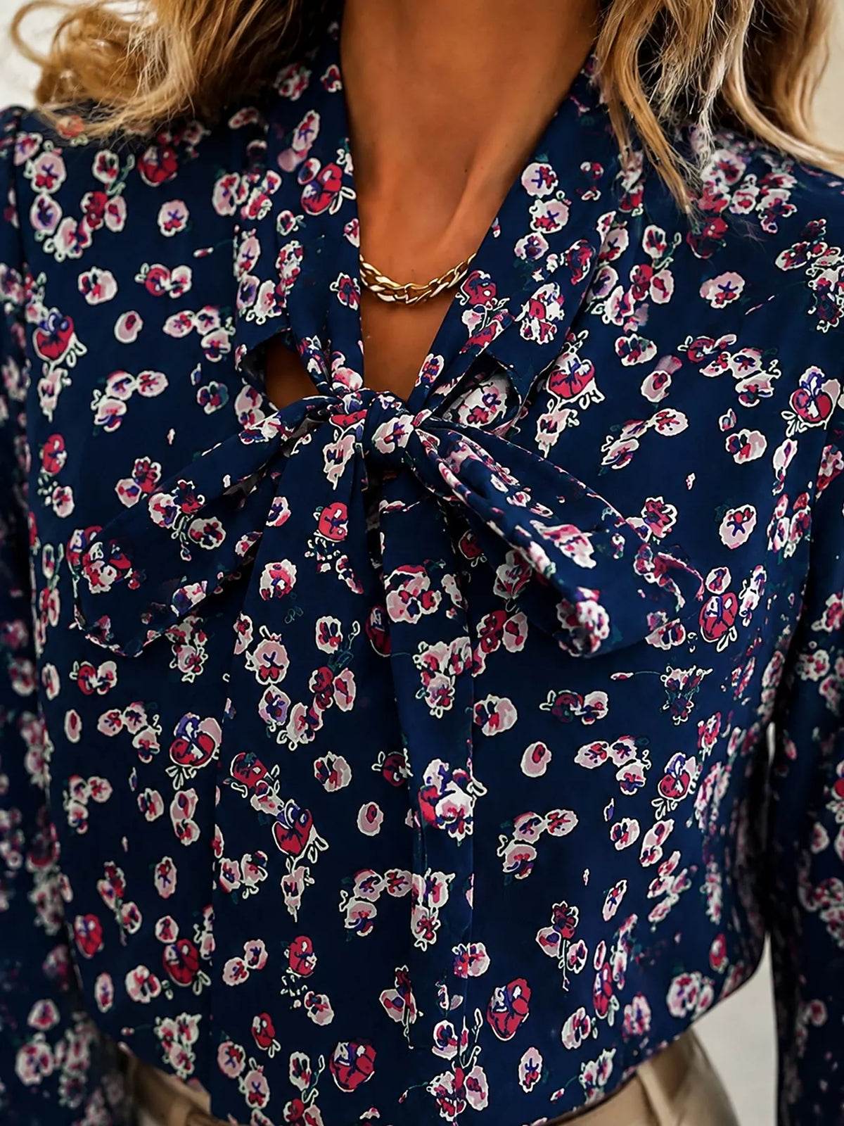 Women's Printed Bow-Tie Neck Long Sleeve Blouse in Burgundy, front view
