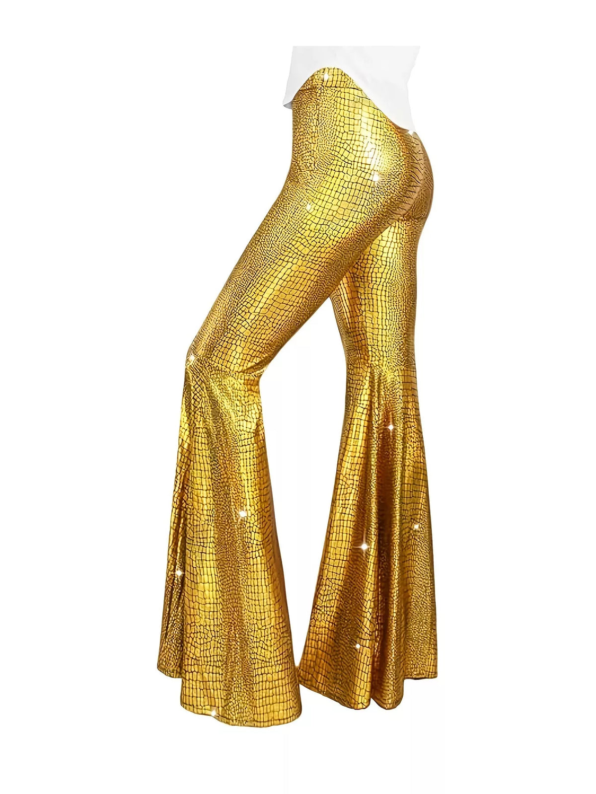 Gold high-waisted flare pants — side view