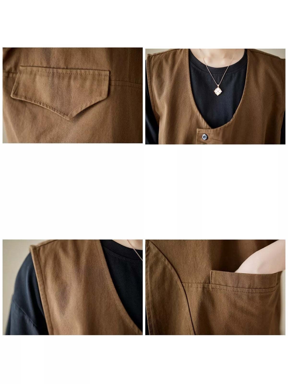 Asymmetric Button Closure Utility Vest Coat, detail view in brown