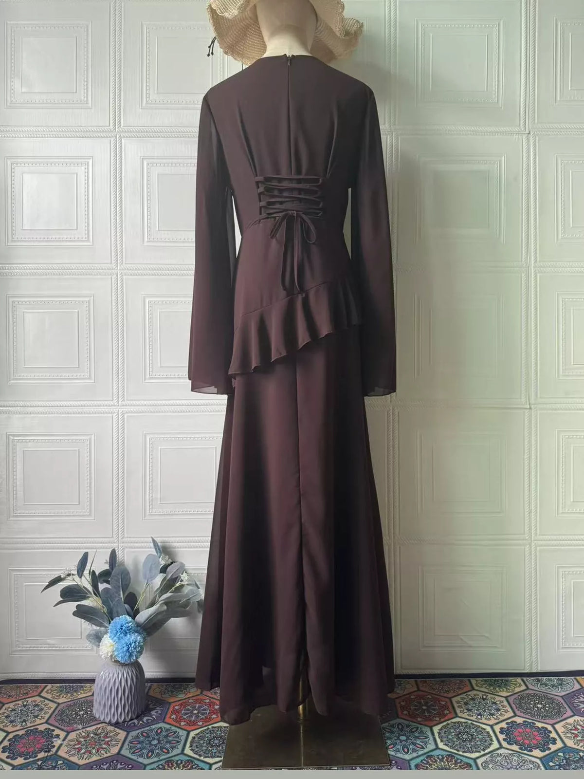 Burgundy ruffled flare sleeve maxi dress, back view