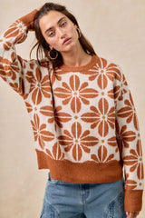 Trendsi BiBi Flower Pattern Long Sleeve Sweater -