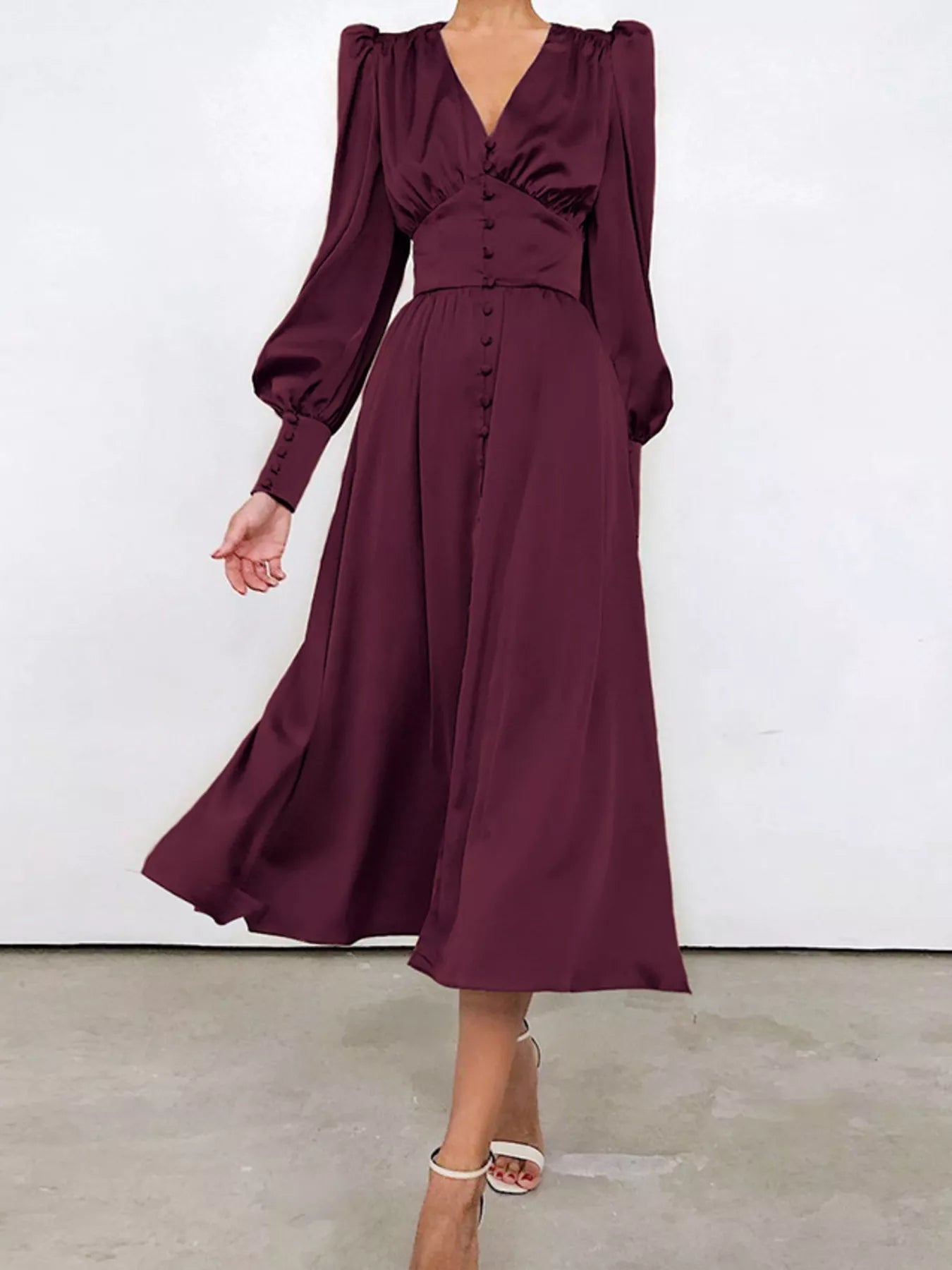 Trendsi Elegant V-Neck Puff Sleeve Button-Down Midi Dress -