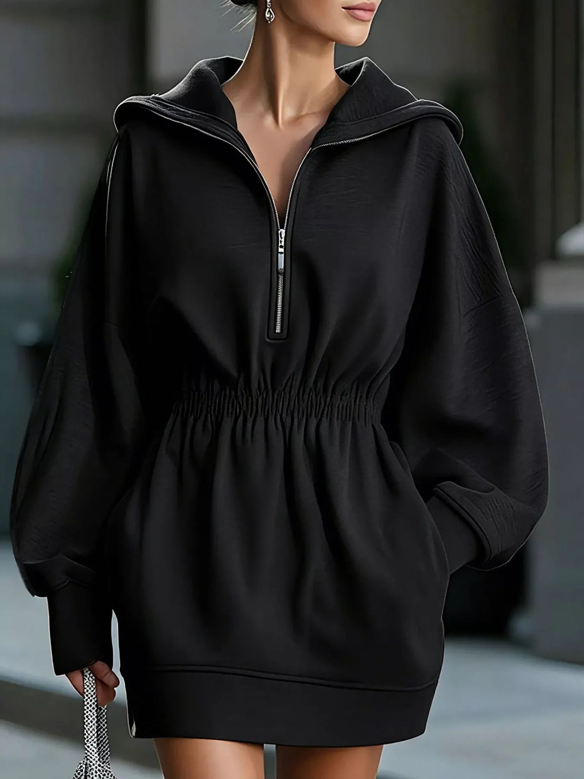 Half-Zip Hooded Sweatshirt Dress — front view