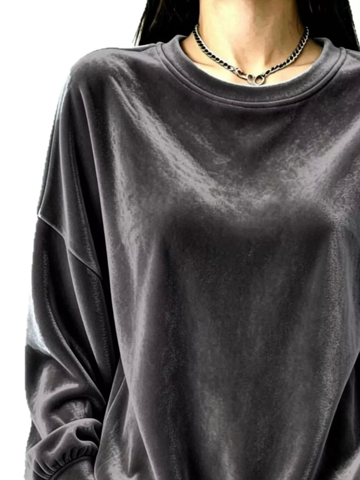Women's Velvet Dropped Shoulder Sweatshirt in gray — neckline detail view