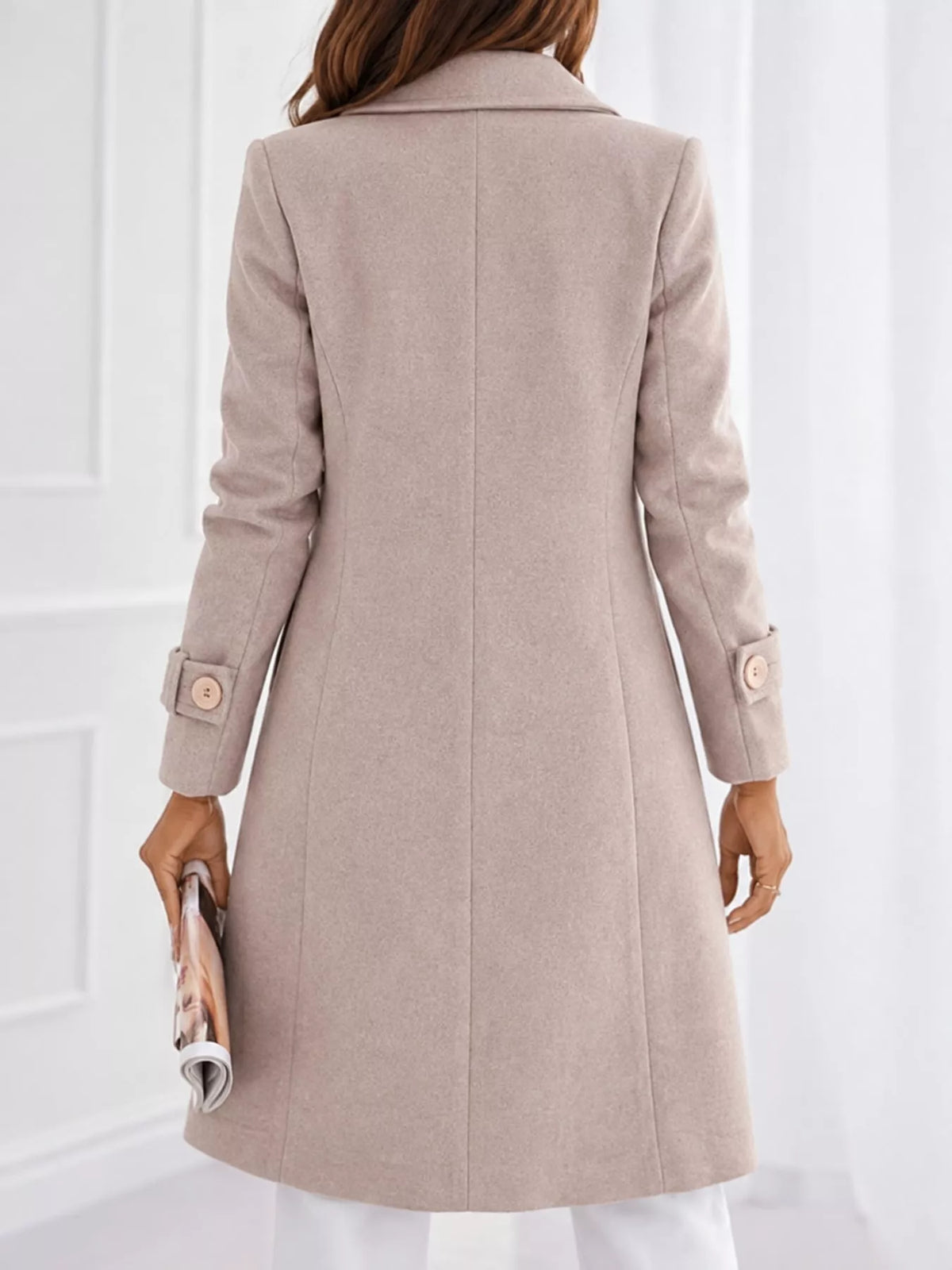 Eggshell Double-Breasted Long Trench Coat, back view