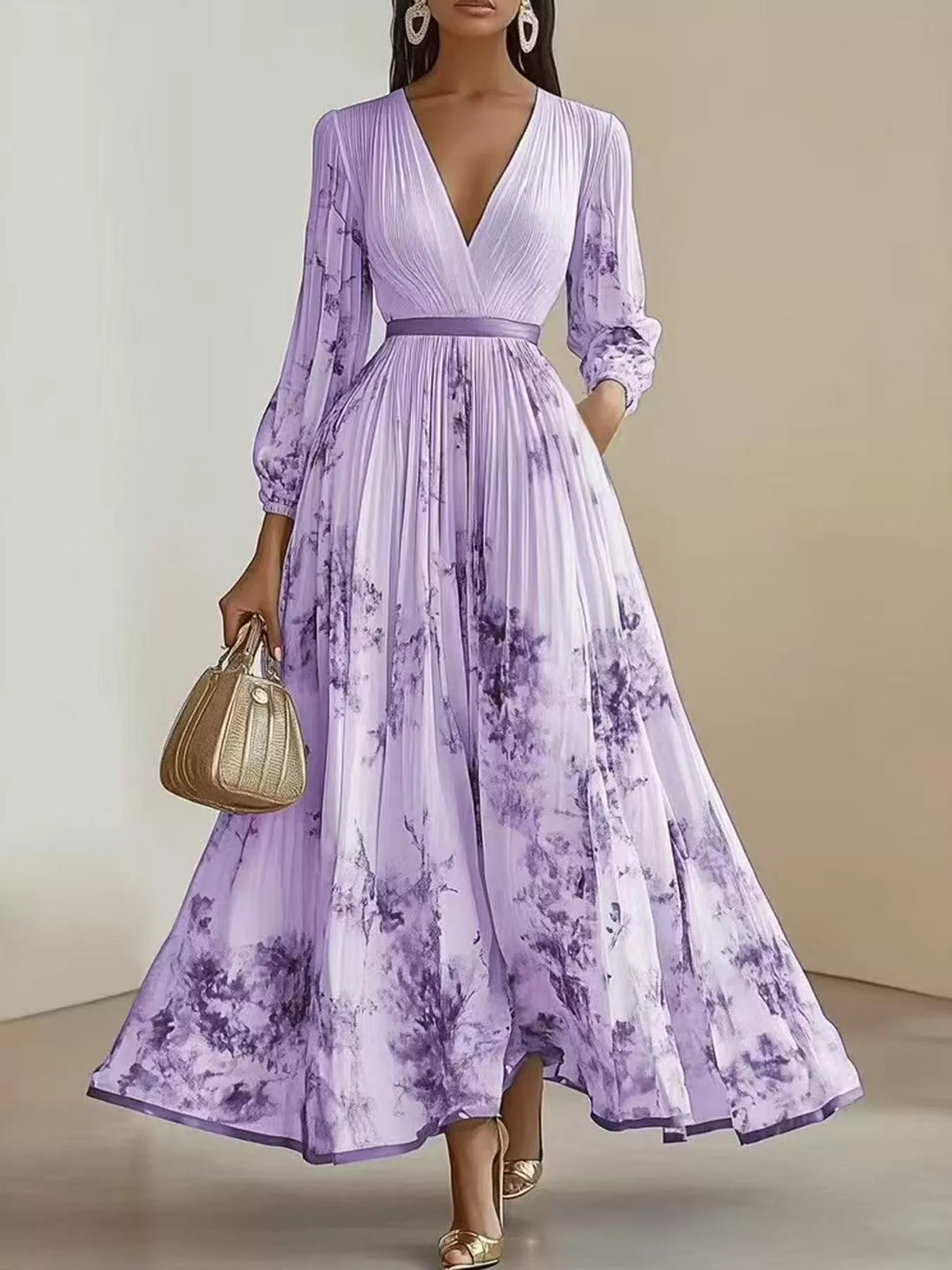 V-neck long sleeve maxi dress, front view on model
