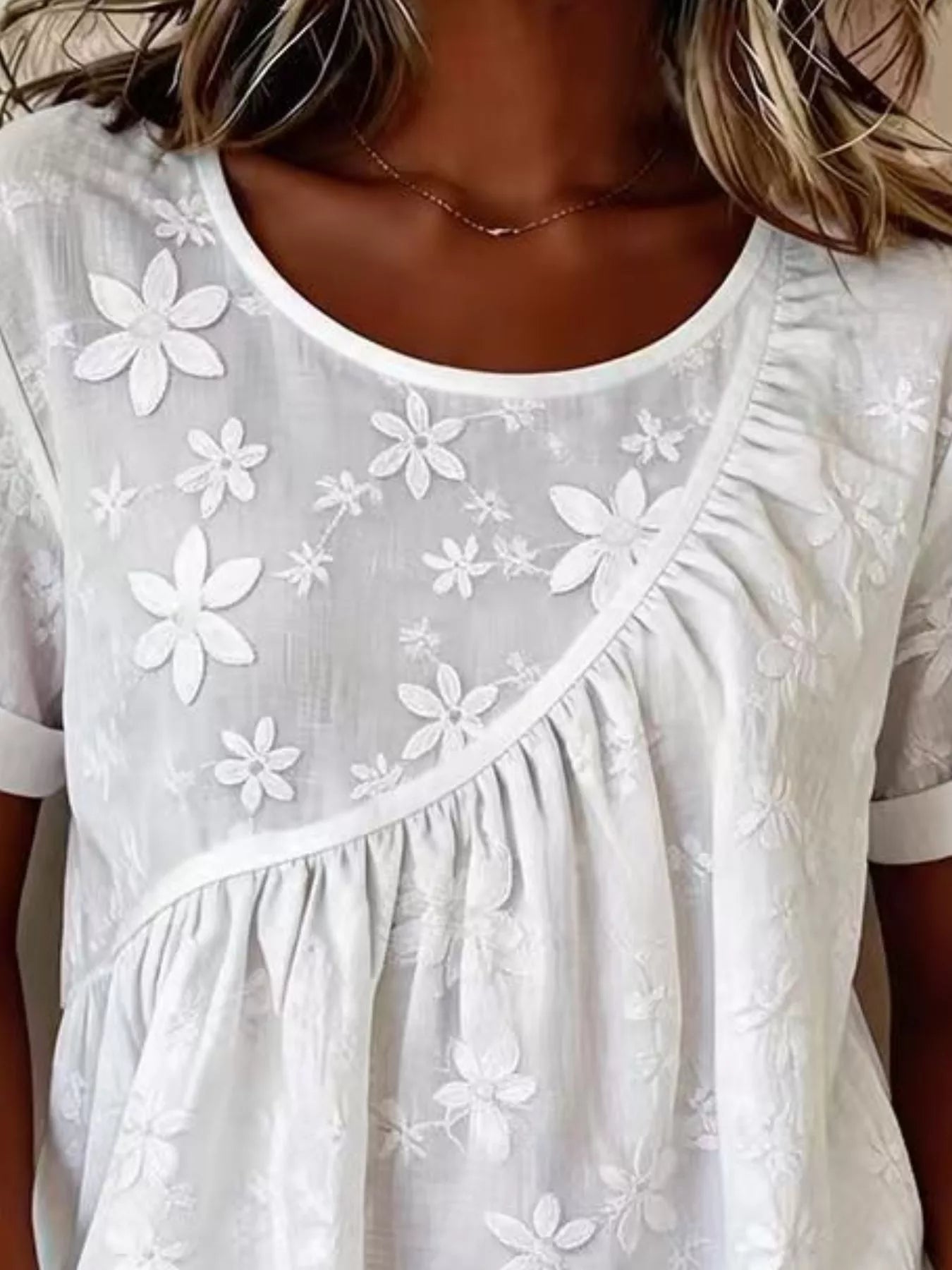 Trendsi Full Size Floral Embroidered Round Neck Short Sleeve Top Plus Size -