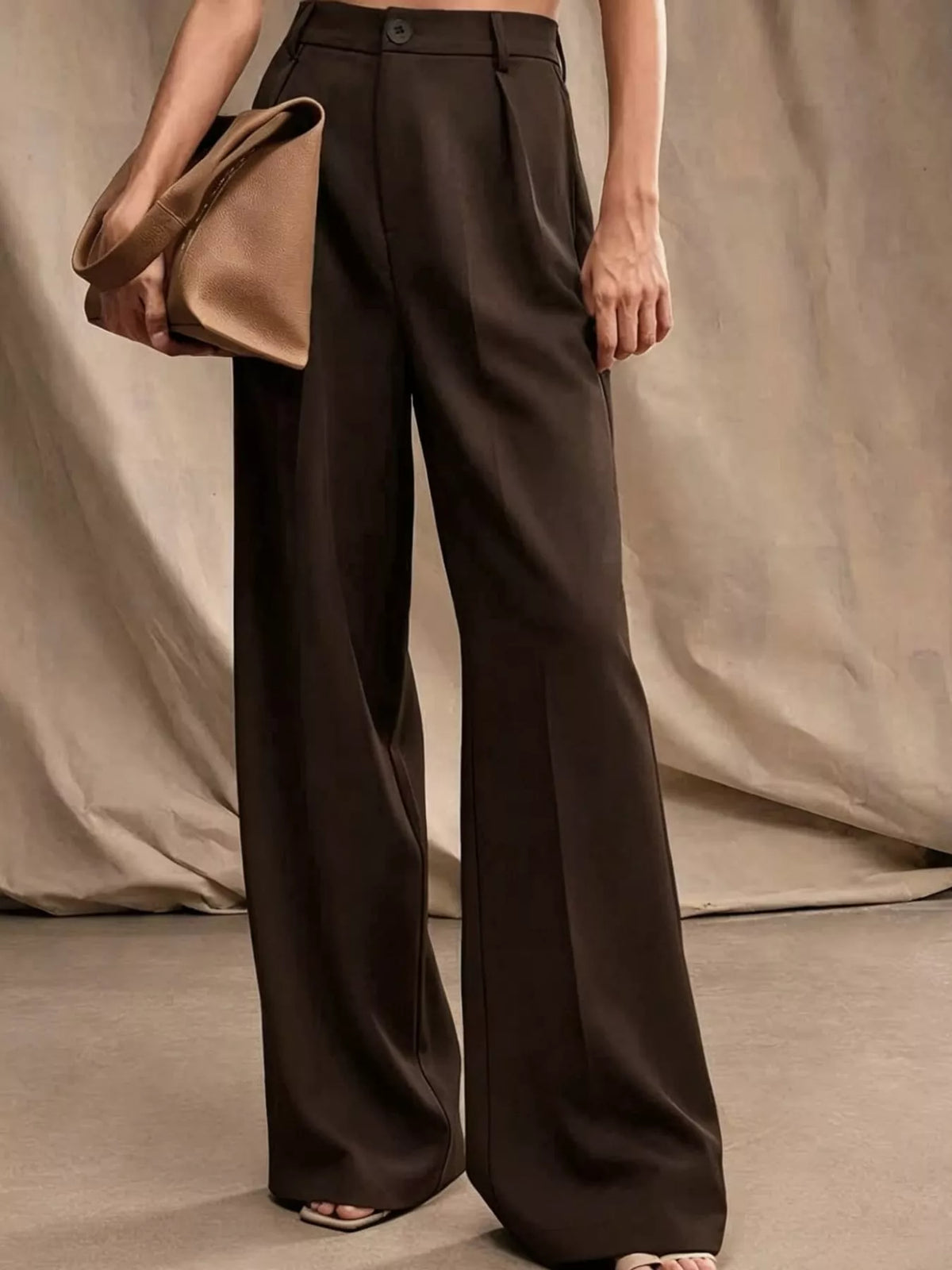 Women's Pleated Wide-Leg Trousers in brown — front view