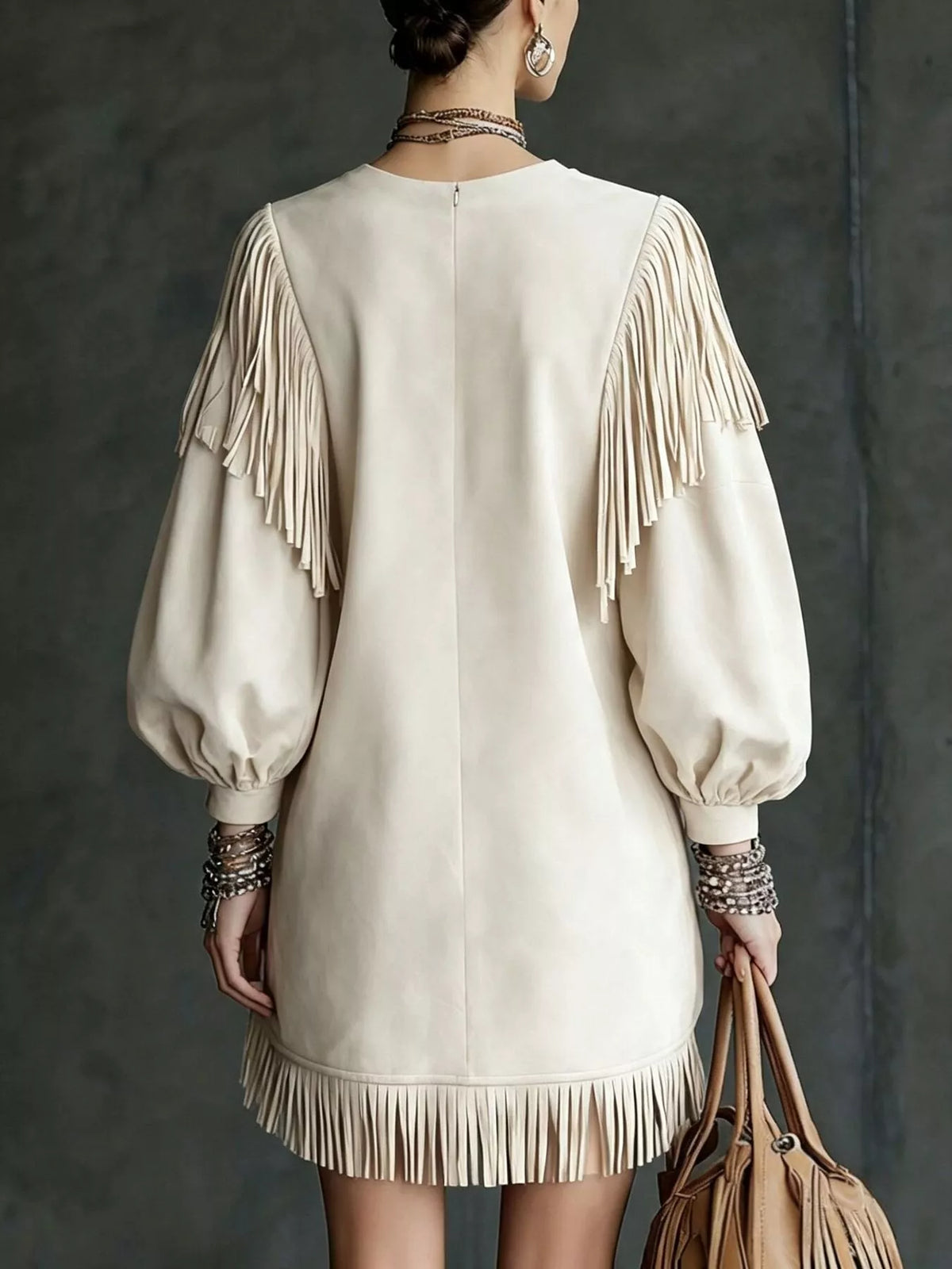 Round neck long sleeve mini dress, back view