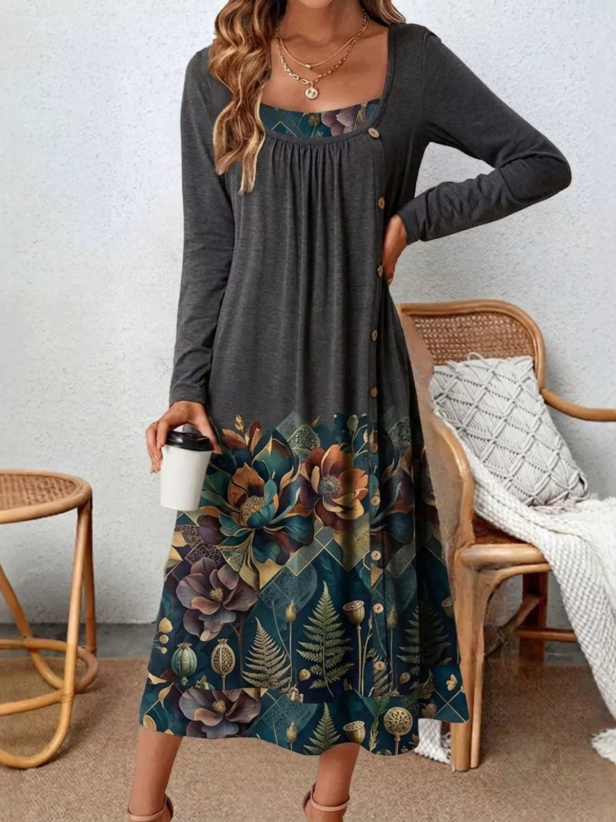 Women's Floral Print Long Sleeve Midi Dress in Gray, front view