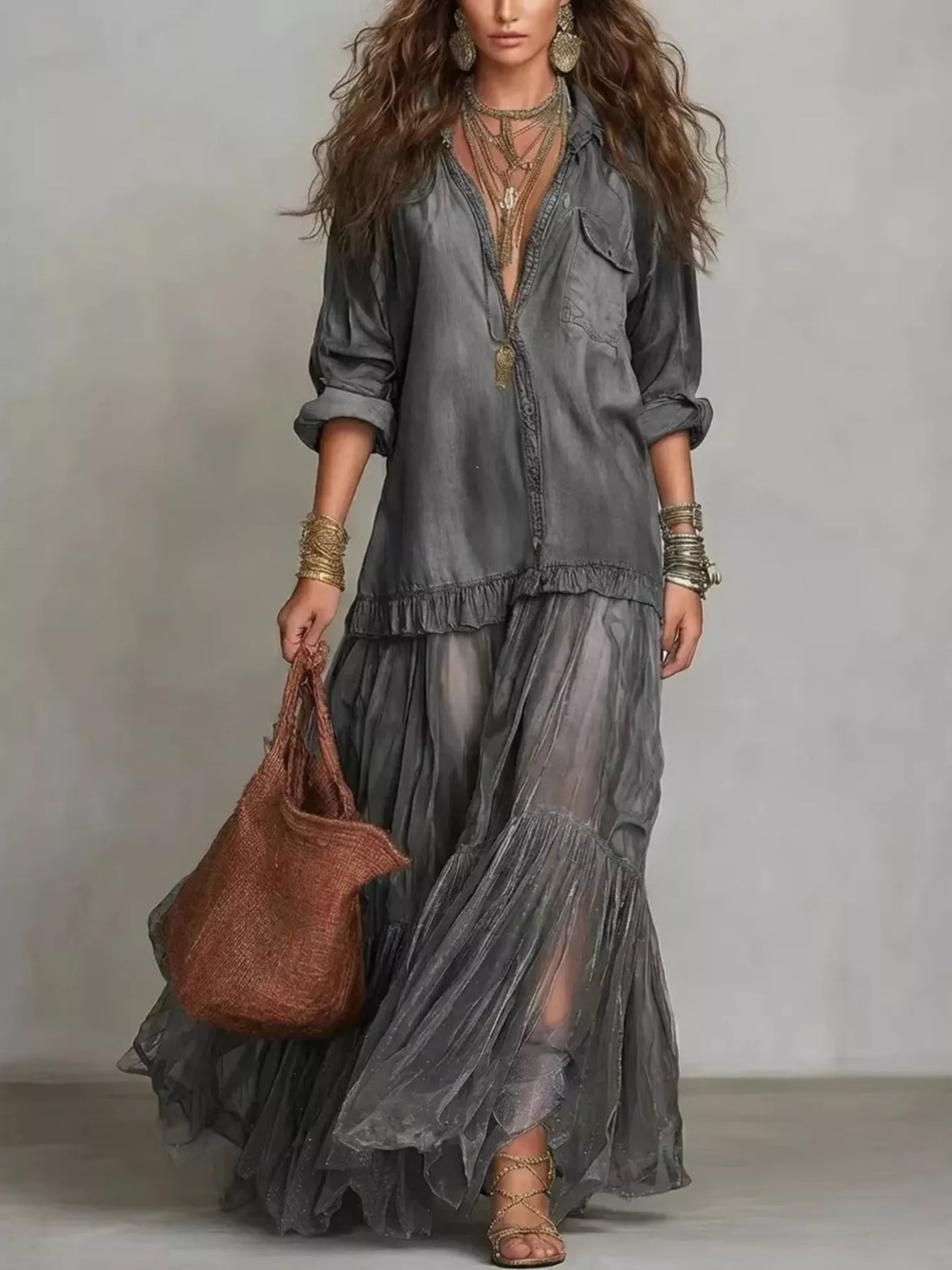 Gray sheer tiered long sleeve maxi dress — front view