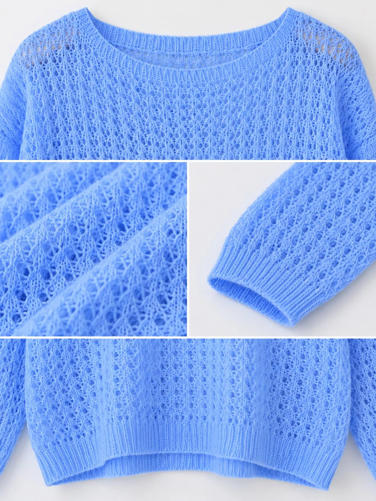 Blue openwork knit cover-up top, detail view