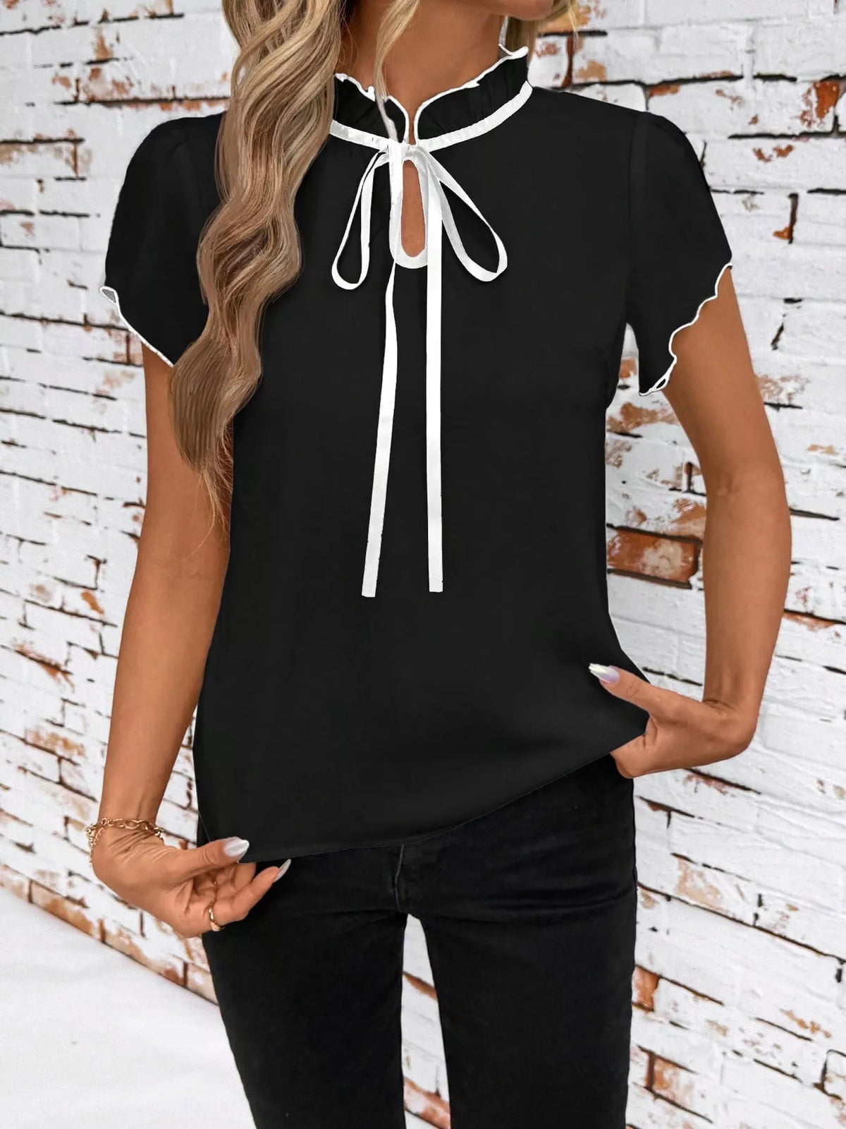 Contrast Trim Ruffle Sleeve Tie-Front Blouse in black and white