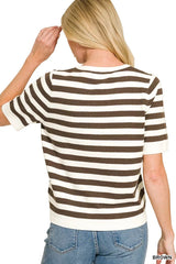 Trendsi Zenana Split Neck Stripe Short Sleeve Sweater -