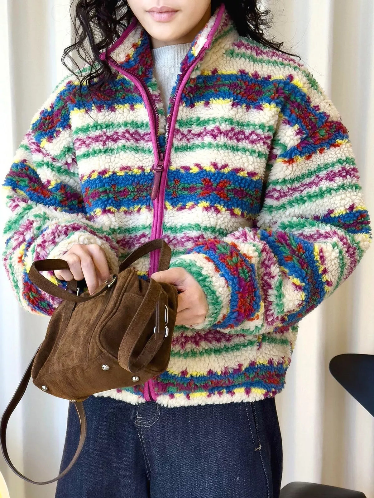 Multicolor colorful patterned sherpa zip up jacket, front view