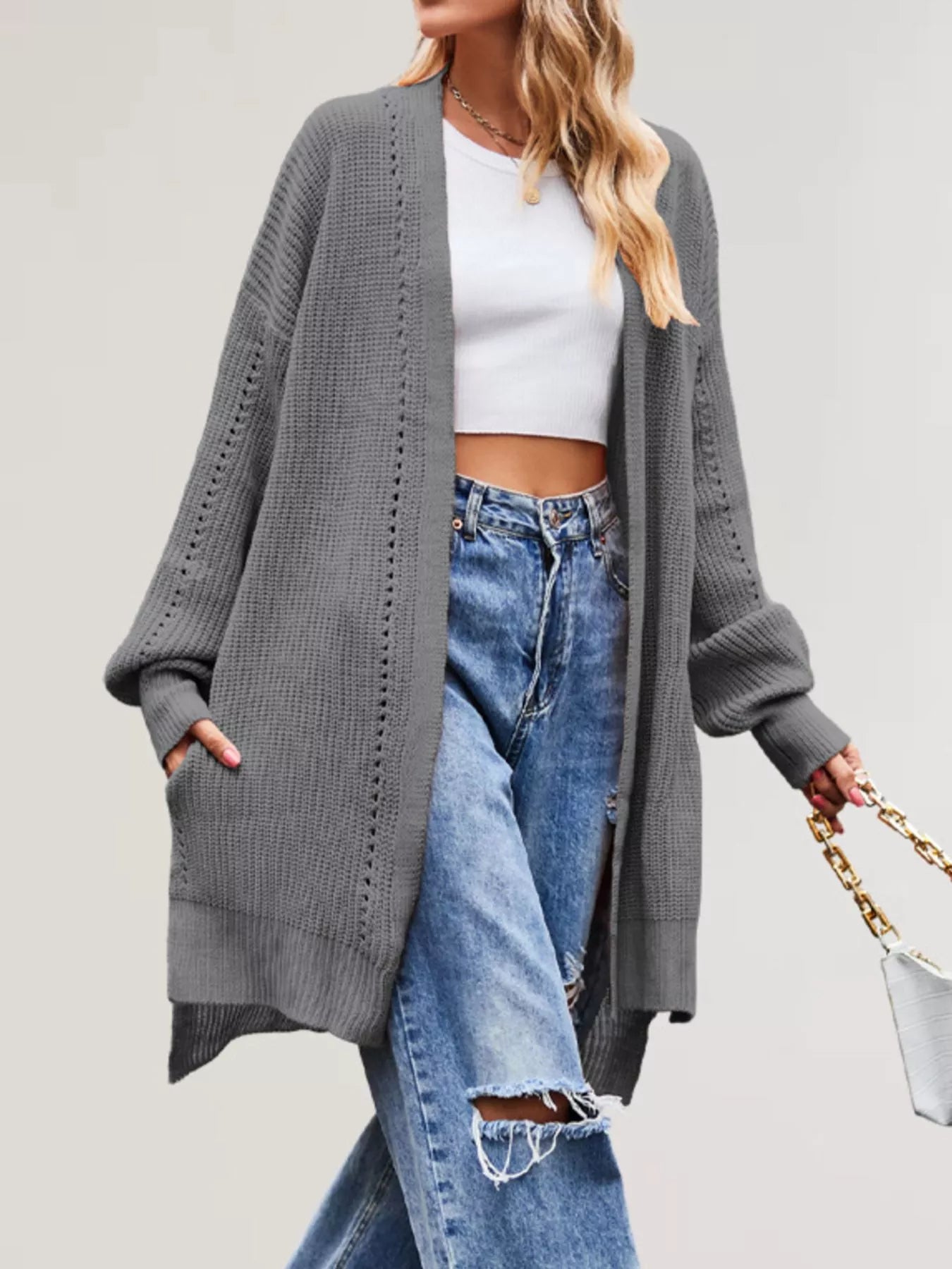 Trendsi Open Front Openwork Knit Longline Cardigan -