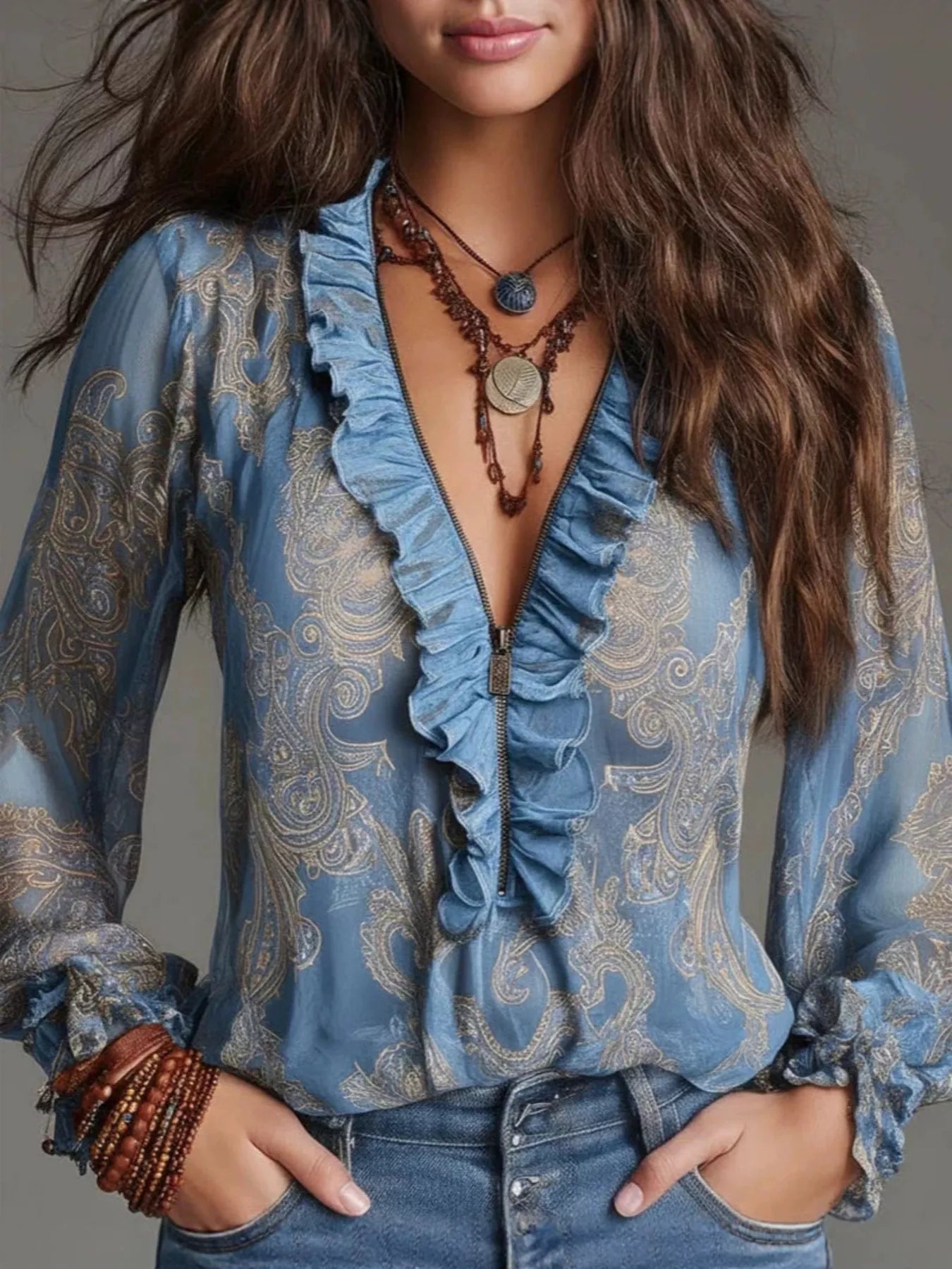 Trendsi Full Size Paisley Print Ruffle Trim Zip-Front Blouse Plus Size -