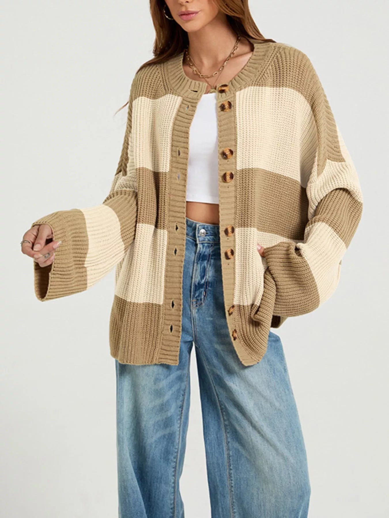 Trendsi Color Block Striped Button-Up Cardigan -
