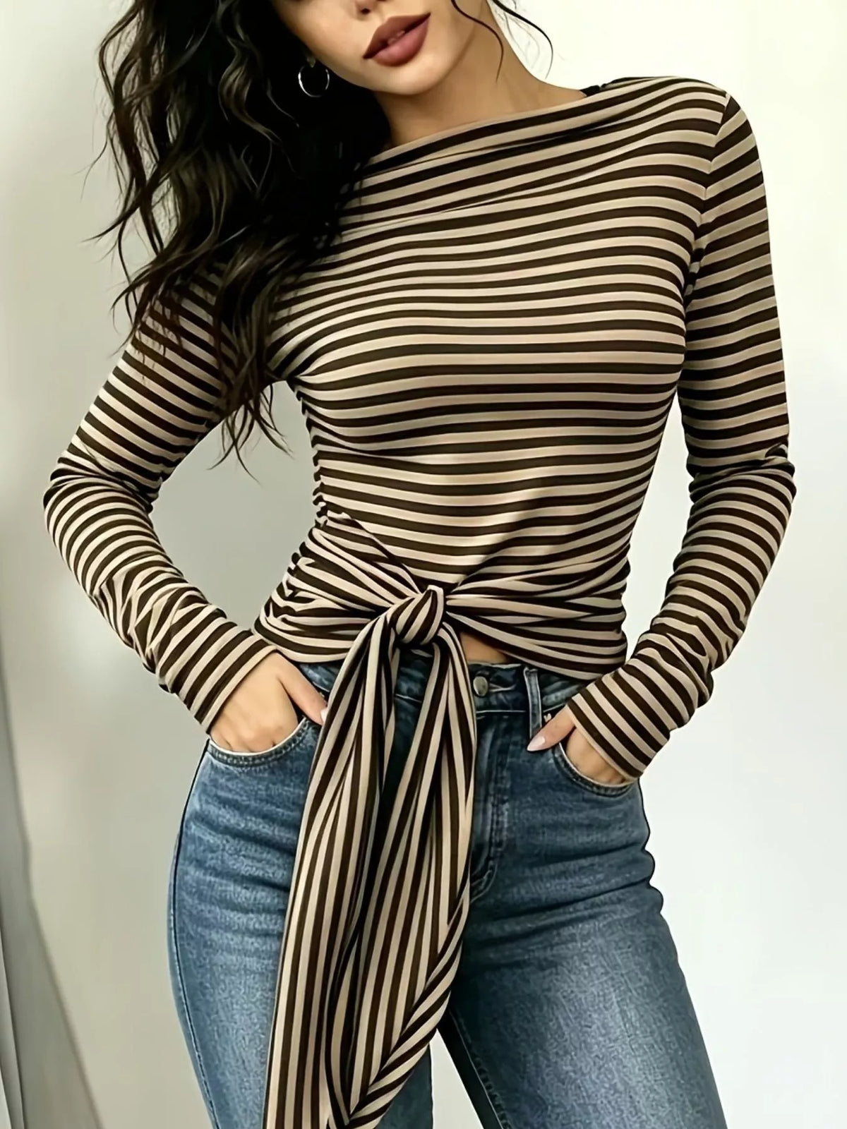 Long sleeve striped T-shirt with front tie