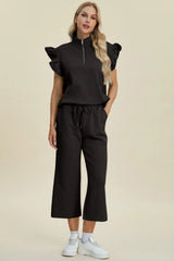 Trendsi Double Take Full Size Texture Ruffle Short Sleeve Top and Wide Leg Pants Set -