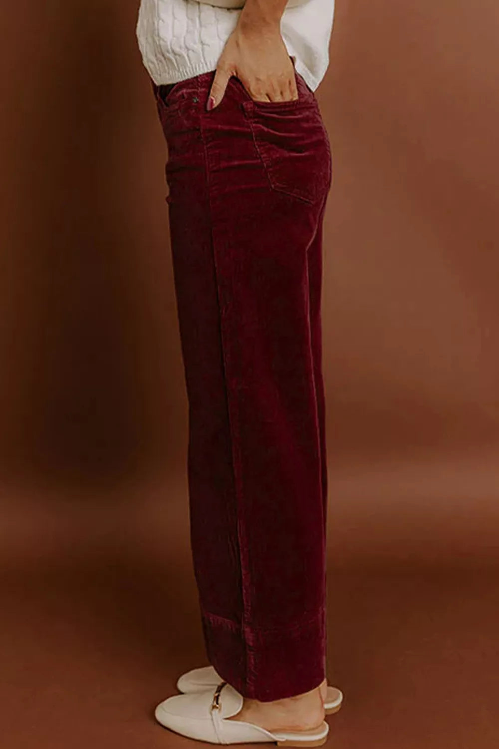 Trendsi Corduroy Solid Color High Waist Wide Leg Pants -