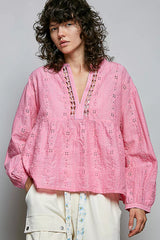 Trendsi POL Eyelet Lace Split Neck Gathered Empire Waist Cotton Blouse - Shirts