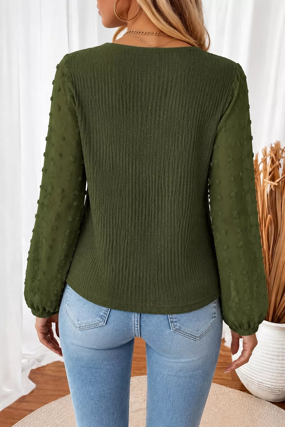Women's Swiss Dot Long Sleeve Button-Down Shirt in Dark Green, alternate view