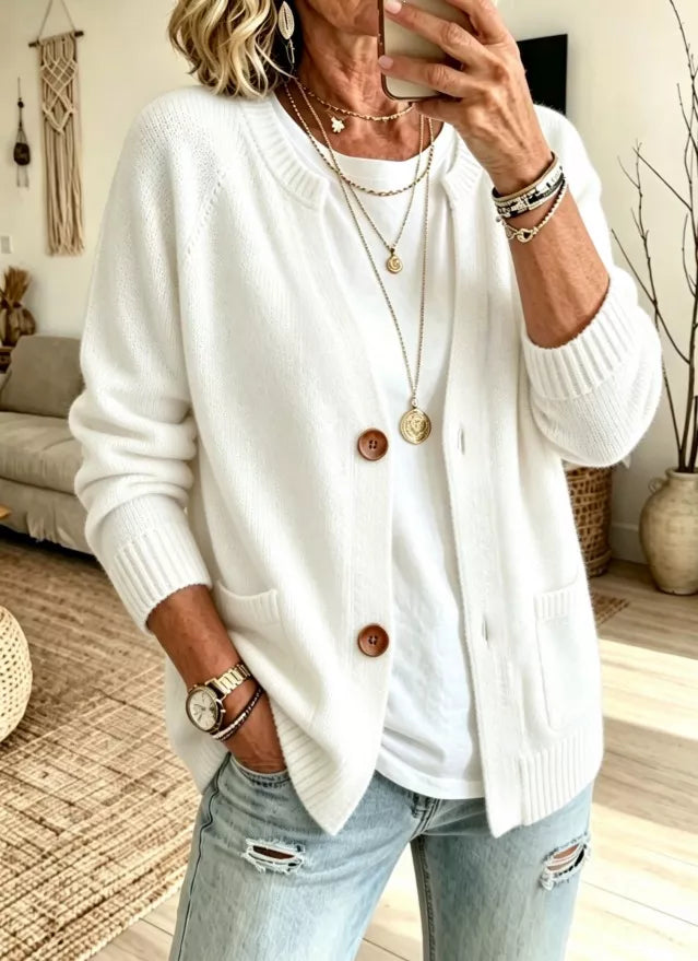 Women's Button Up Raglan Sleeve Cardigan in White, front view